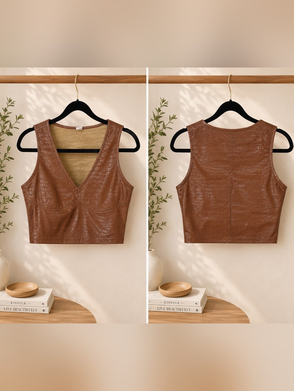 Cognac Faux-Leather Cropped V-Neck Tank Top